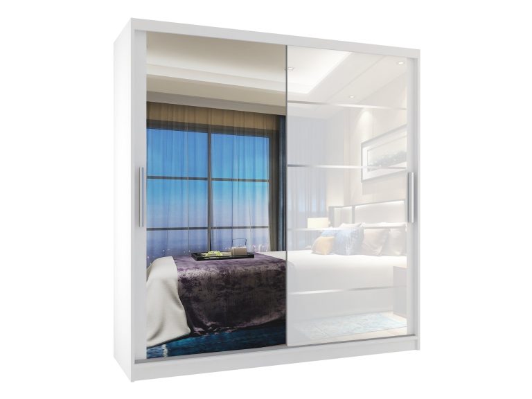 Armoire 158 cm Belini blanc mat / blanc brillant avec portes coulissantes miroir et tiroirs Fabricant MGB SZP7/0/W/1L5W/KLAL