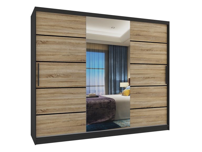 Armoire 235 cm Belini noir mat / chêne sonoma avec portes coulissantes, miroir et tiroirs Fabricant MBP SZP8/0/1B/2DS1L/0/KLP