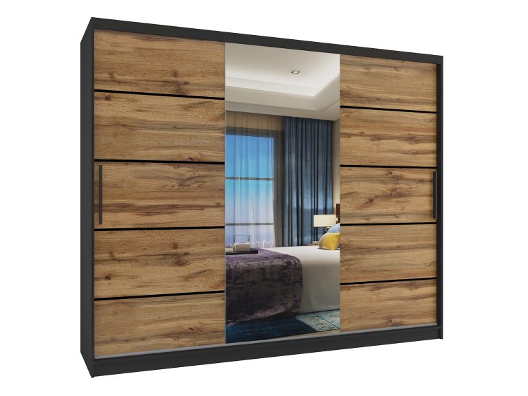 Armoire 235 cm Belini noir mat / chêne wotan avec portes coulissantes, miroir et tiroirs Fabricant MBP SZP8/0/1B/2DW1L/0/KLP