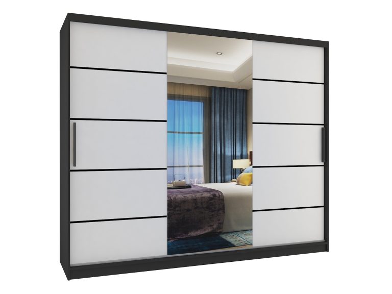 Armoire 235 cm Belini noir mat / blanc mat avec portes coulissantes miroir et tiroirs Fabricant MBP SZP8/0/1B/2W1L/0/KLP
