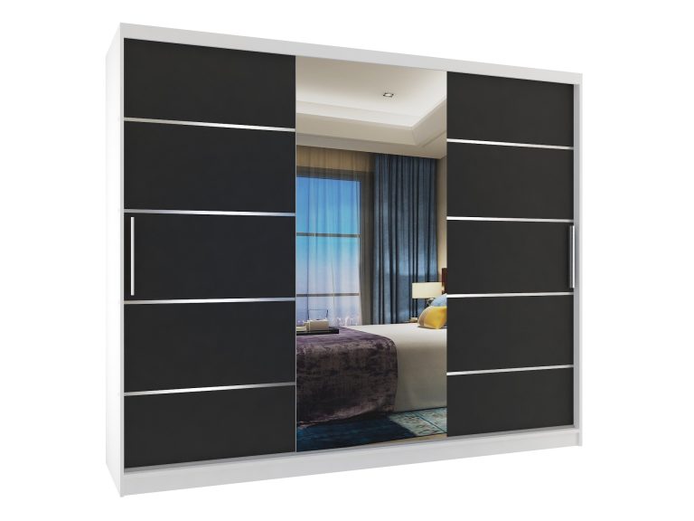 Armoire 235 cm Belini blanc mat / noir mat avec portes coulissantes miroir et tiroirs Fabricant MBP SZP8/0/1W/2B1L/0/KLAL