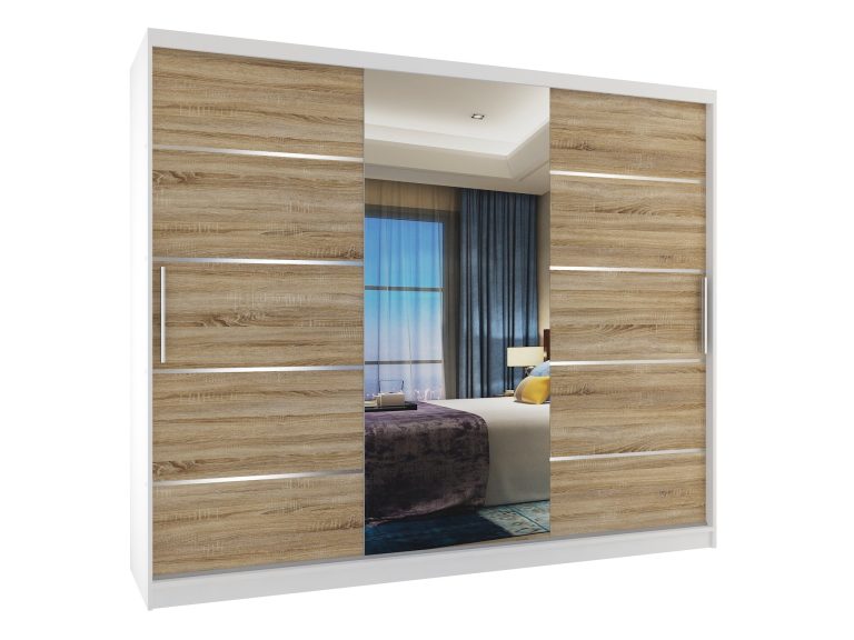 Armoire 235 cm Belini blanc mat / chêne sonoma avec portes coulissantes, miroir et tiroirs Fabricant MBP SZP8/0/1W/2DS1L/0/KLAL