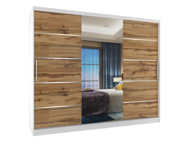 Armoire 235 cm Belini blanc mat / chêne wotan avec portes coulissantes, miroir et tiroirs Fabricant MBP SZP8/0/1W/2DW1L/0/KLAL