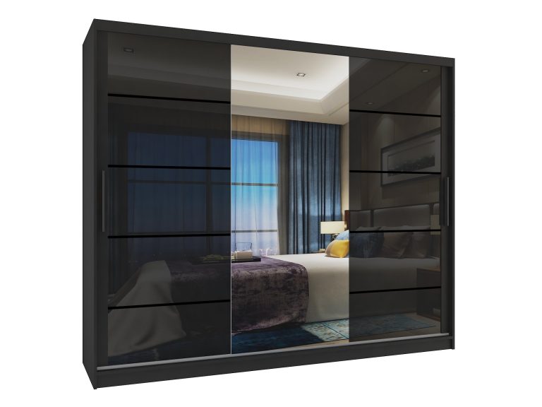 Armoire 235 cm Belini noir mat / noir brillant avec portes coulissantes miroir et tiroirs Fabricant MGB SZP8/0/B/2B1L/KLP