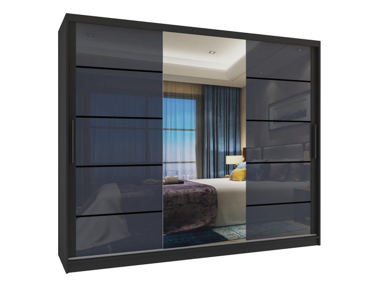 Armoire 235 cm Belini noir mat / gris brillant avec portes coulissantes miroir et tiroirs Fabricant MGB SZP8/0/B/2S1L/KLP