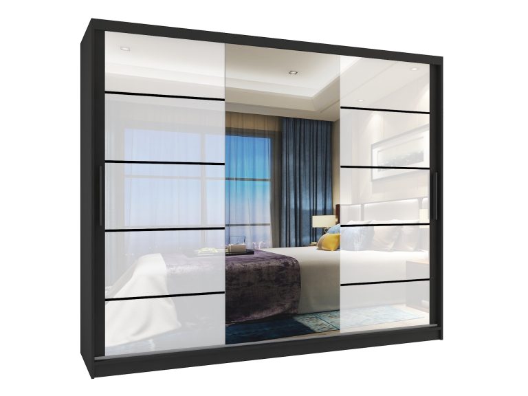 Armoire cm Belini noir mat / blanc brillant avec portes coulissantes miroir et tiroirs Fabricant MGB SZP8/0/B/2W1L/KLP