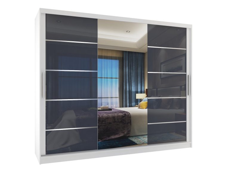 Armoire 235 cm Belini blanc mat / gris brillant avec portes coulissantes miroir et tiroirs Fabricant MGB SZP8/0/W/2S1L/KLAL