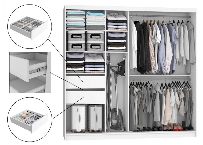 Armoire 200 cm Belini blanc mat / chêne sonoma avec portes coulissantes, miroir et tiroirs Fabricant ME SZP5/1/W/DS/0/KLAL