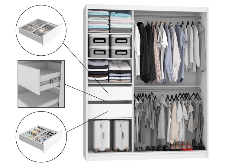 Armoire 158 cm Belini blanc mat / gris brillant avec portes coulissantes miroir et tiroirs Fabricant MGB SZP7/0/W/1L5S/KLAL