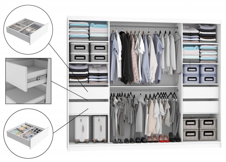 Armoire 235 cm Belini blanc mat / gris brillant avec portes coulissantes miroir et tiroirs Fabricant MGB SZP8/0/W/2S1L/KLAL