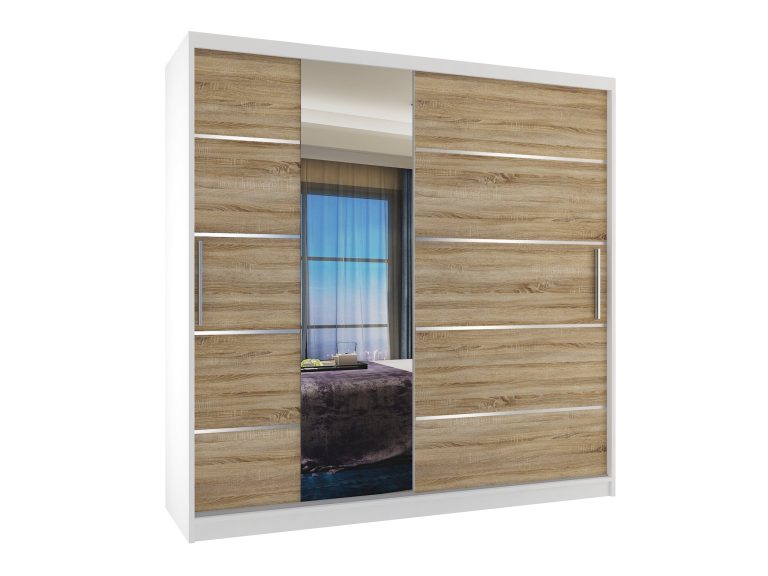 Armoire 200 cm Belini blanc mat / chêne sonoma avec portes coulissantes, miroir et tiroirs Fabricant MBP SZP5/1/W/DS/0/KLAL

