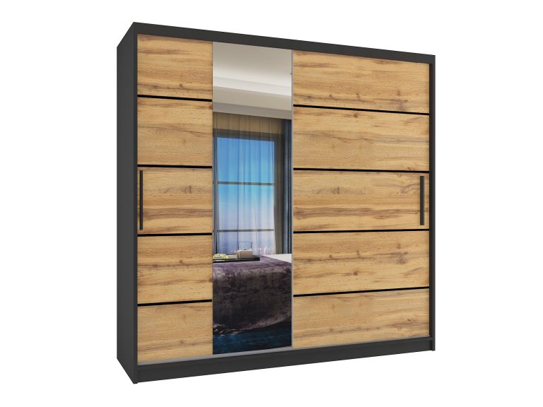 Armoire 200 cm Belini noir mat / chêne wotan avec portes coulissantes, miroir et tiroirs Fabricant MBP SZP5/1/B/DW/0/KLP

