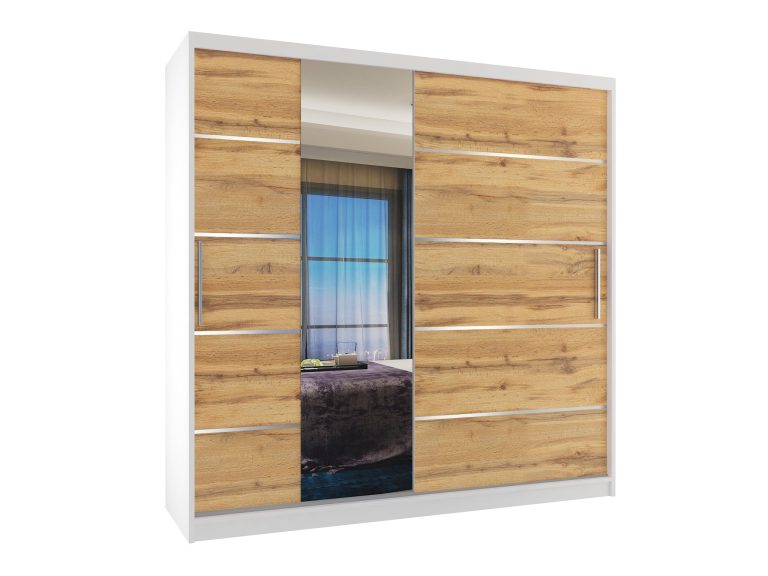 Armoire 200 cm Belini blanc mat / chêne wotan avec portes coulissantes, miroir et tiroirs Fabricant MBP SZP5/1/W/DW/0/KLAL