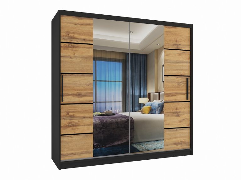 Armoire 200 cm Belini noir mat / chêne wotan avec portes coulissantes, miroir et tiroirs Fabricant ME SZP5/1/B/DW/0/KLP