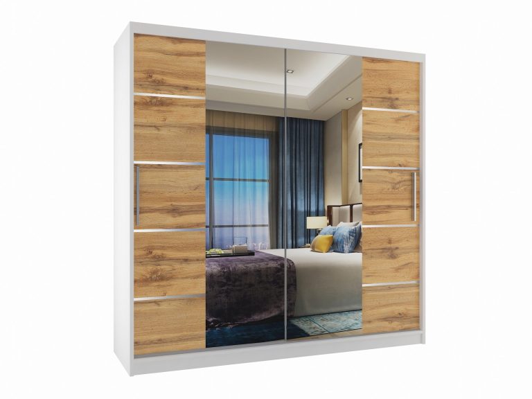 Armoire 200 cm Belini blanc mat / marron avec portes coulissantes, miroir et tiroirs Fabricant ME SZP5/1/W/KN/0/KLAL