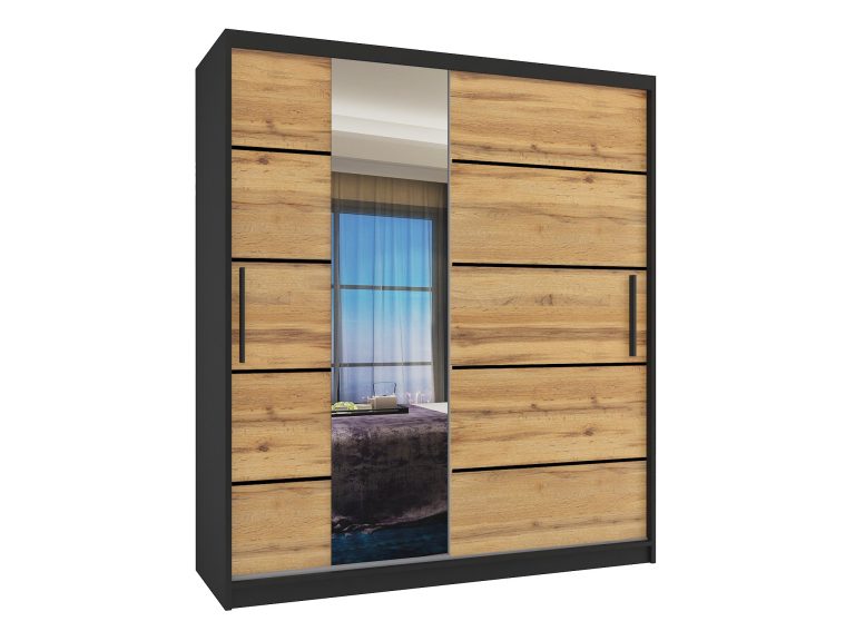 Armoire 133 cm Belini noir mat / chêne wotan avec portes coulissantes, miroir et tiroirs Fabricant MBP SZP6/1/B/DW/0/KLP