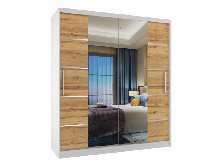Armoire 133 cm Belini blanc mat / chêne wotan avec portes coulissantes, miroir et tiroirs Fabricant ME SZP6/1/W/DW/0/KLAL