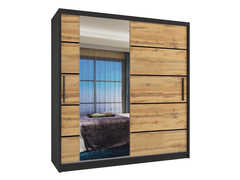Armoire 158 cm Belini noir mat / chêne wotan avec portes coulissantes, miroir et tiroirs Fabricant MBP SZP7/0/B/DW/0/KLP