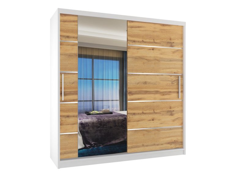 Armoire 158 cm Belini blanc mat / chêne wotan avec portes coulissantes, miroir et tiroirs Fabricant MBP SZP7/0/W/DW/0/KLAL