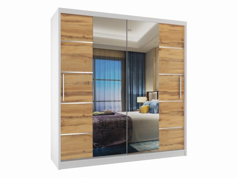 Armoire 158 cm Belini blanc mat / chêne wotan avec portes coulissantes, miroir et tiroirs Fabricant ME SZP7/0/W/DW/0/KLAL