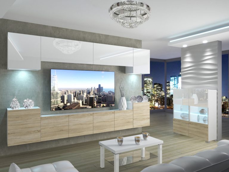 Meuble mural 300 cm Belini blanc brillant / chêne sonoma Imperium 4 Fabricant IMP 4/5/W/WDS/0/0