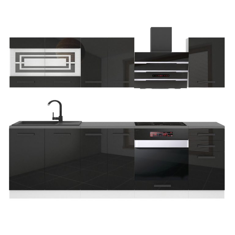 Meubles de cuisine Premium Version Complète 240 cm brillance noir avec plan de travail Fabricant INF MARGARET/0/WT/B/B/B1