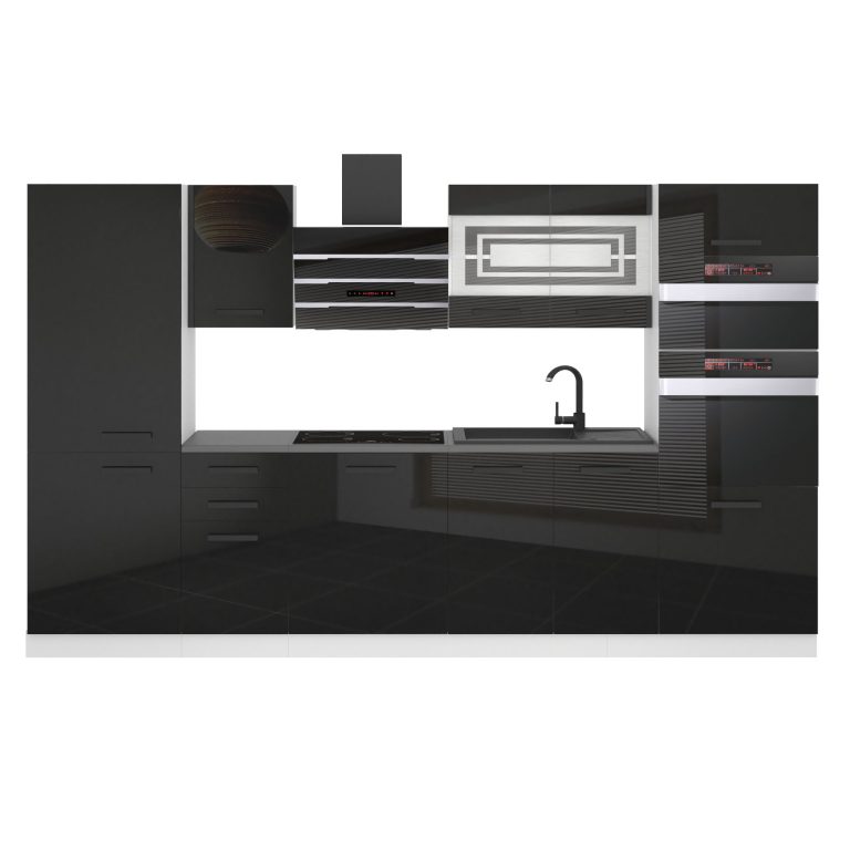 Meubles de cuisine Premium Version Complète 300 cm brillance noir avec plan de travail Fabricant INF MILA/0/WT/B/B/B1