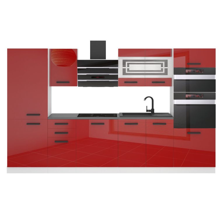 Meubles de cuisine Premium Version Complète 300 cm brillance rouge avec plan de travail Fabricant INF MILA/0/WT/R/B/B1