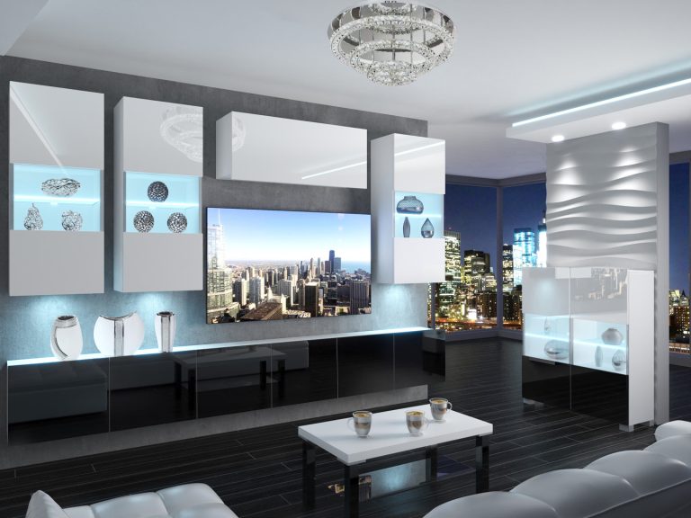 Meuble mural 300 cm Belini blanc brillant / noir brillant Imperium 5 Fabricant IMP 5/5/W/WB/0/0