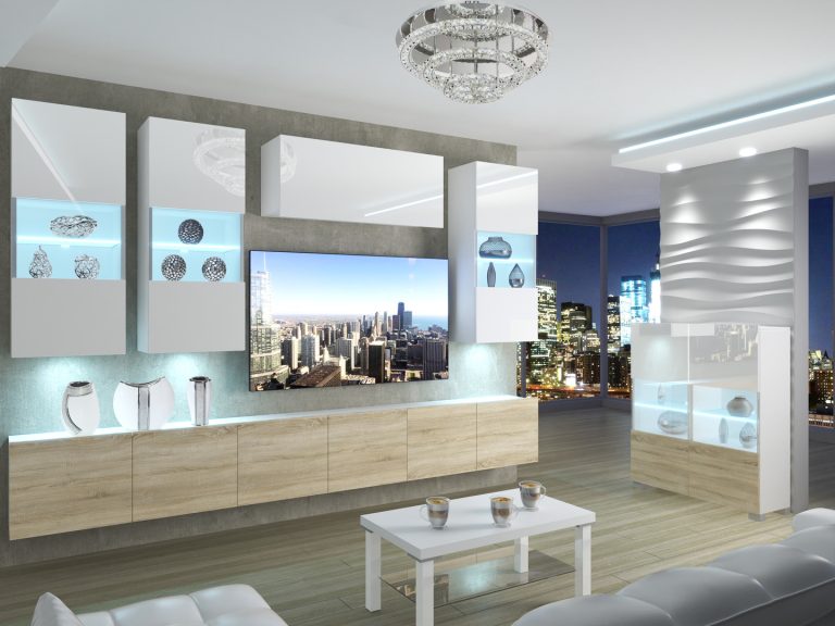 Meuble mural 300 cm Belini blanc brillant / chêne sonoma Imperium 5 Fabricant IMP 5/5/W/WDS/0/0