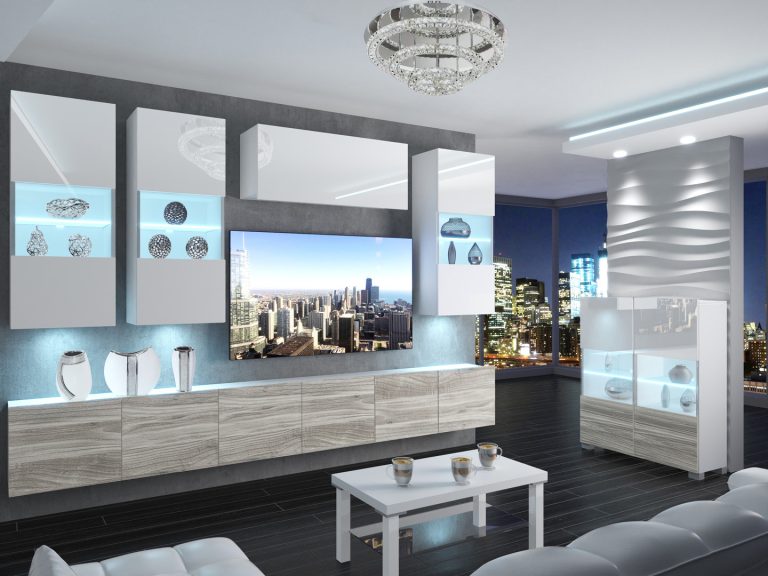 Meuble mural 300 cm Belini blanc brillant / gris anthracite Glamour Wood Imperium 5 Fabricant IMP 5/5/W/WGW1/0/0