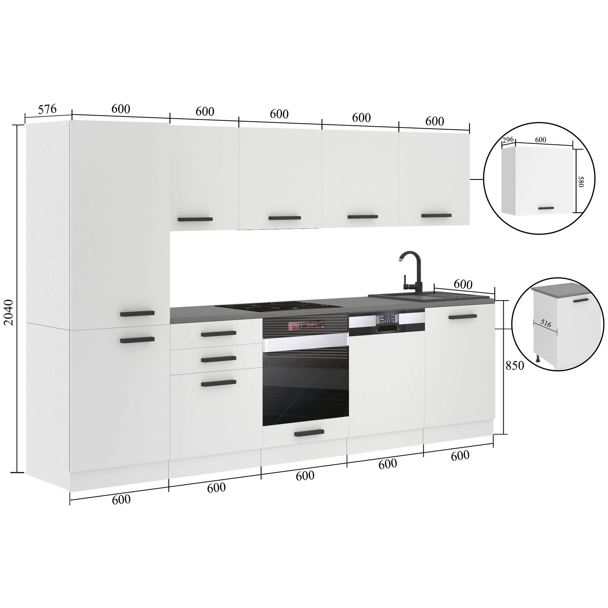 Meubles de cuisine Premium Version Complète 300 cm brillance gris avec plan de travail Fabricant INF ROSE/0/WT/S/B/B1