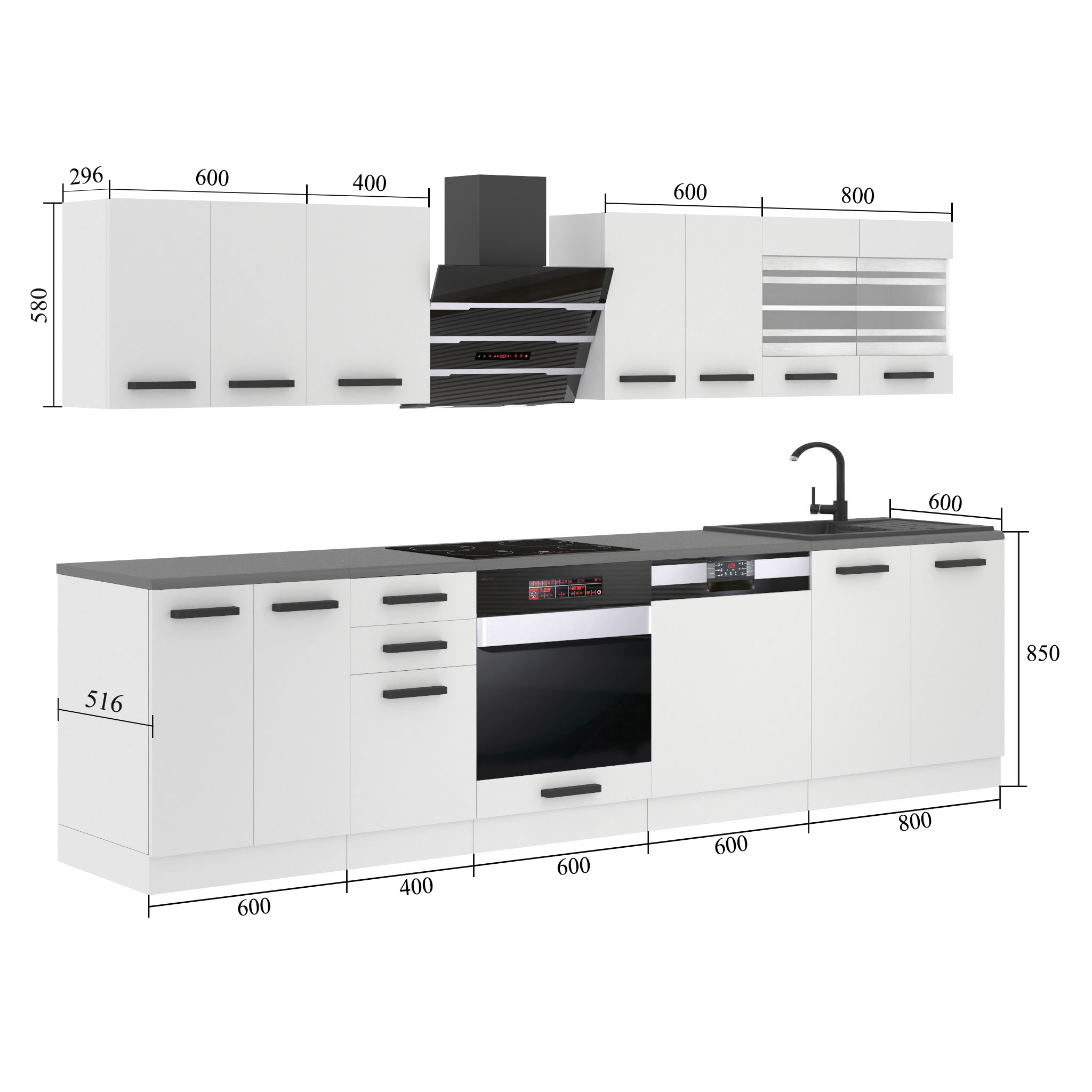 Meubles de cuisine Premium Version Complète 300 cm brillance blanc sans plan de travail Fabricant INF LUCY/0/WT/W/0/B1