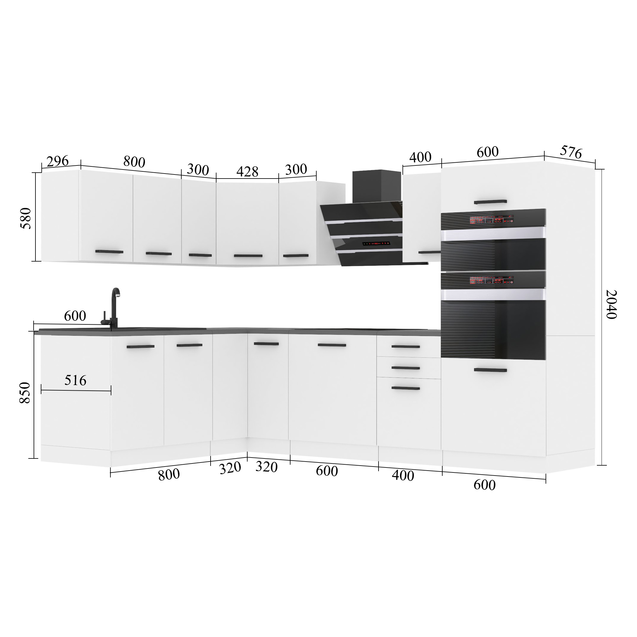Meubles de cuisine Premium Version Complète 420 cm blanc mat avec plan de travail Fabricant TOR MELANIE/0/WT/WT/B/B1
