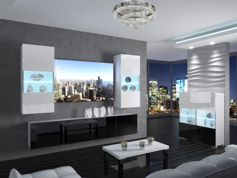 Meuble mural 200 cm Belini blanc brillant / noir brillant Imperium 7 Fabricant IMP 7/5/W/WB/0/0