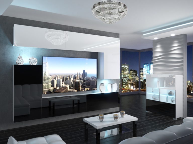 Meuble mural 250 cm Belini blanc brillant / noir brillant Imperium 8 Fabricant IMP 8/5/W/WB/0/0