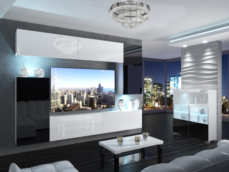 Meuble mural 250 cm Belini blanc brillant / noir brillant Imperium 8 Fabricant IMP 8/5/W/WBBW/0/0