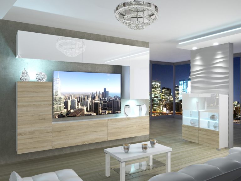 Meuble mural 250 cm Belini blanc brillant / chêne sonoma Imperium 8 Fabricant IMP 8/5/W/WDS/0/0