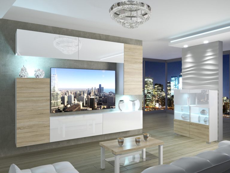 Meuble mural 250 cm Belini blanc brillant / chêne sonoma Imperium 8 Fabricant IMP 8/5/W/WDSDSW/0/0