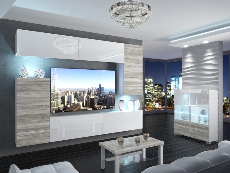 Meuble mural 250 cm Belini blanc brillant / gris anthracite Glamour Wood Imperium 8 Fabricant IMP 8/5/W/WGW1GW1W/0/0