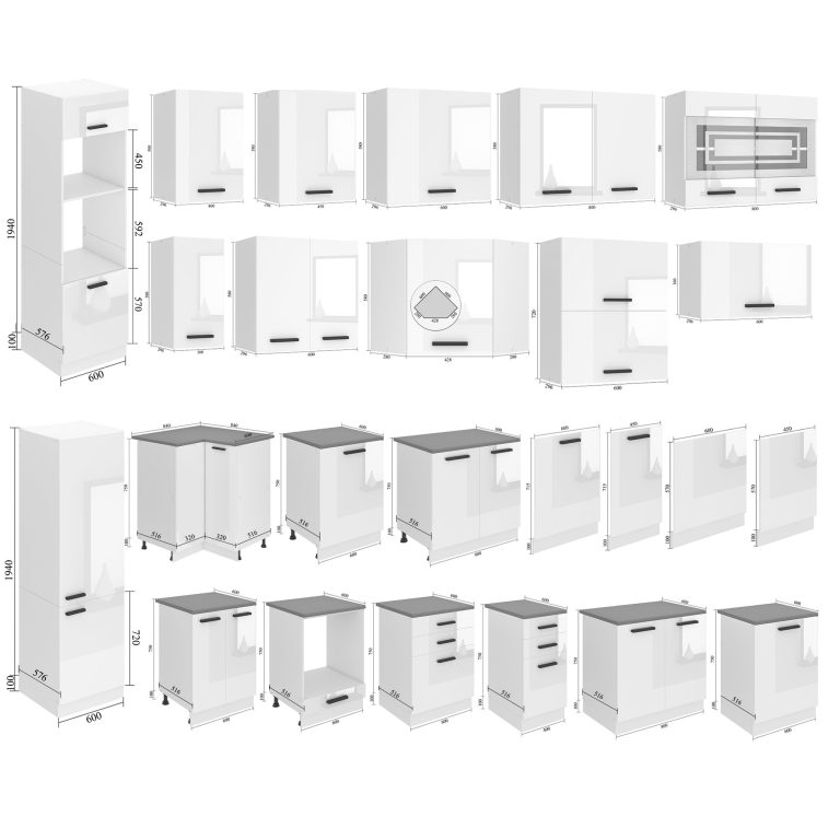 Meubles de cuisine Premium Version Complète 240 cm brillance blanc sans plan de travail Fabricant INF TRACY/0/WT/W/0/B1