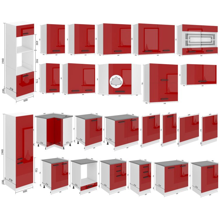 Meubles de cuisine Premium Version Complète 300 cm brillance rouge avec plan de travail Fabricant INF CINDY/0/WT/R/B/B1