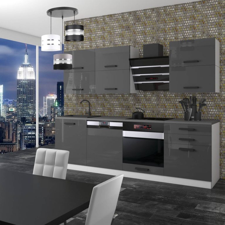 Meubles de cuisine Premium Version Complète 240 cm brillance gris avec plan de travail Fabricant INF MADISON/0/WT/S/B/B1