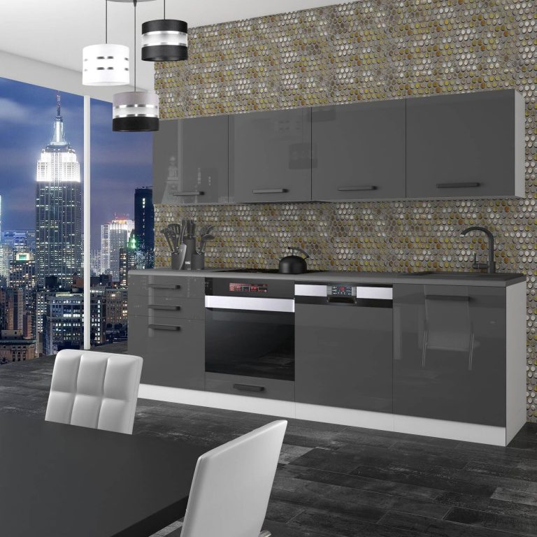 Meubles de cuisine Premium Version Complète 240 cm brillance gris avec plan de travail Fabricant INF ALICE/0/WT/S/B/B1