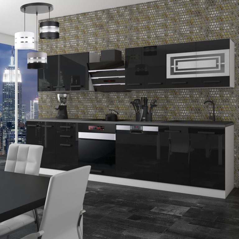 Meubles de cuisine Premium Version Complète 300 cm brillance noir sans plan de travail Fabricant INF LUCY/0/WT/B/0/B1