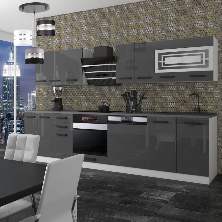 Meubles de cuisine Premium Version Complète 300 cm brillance gris sans plan de travail Fabricant INF LUCY/0/WT/S/0/B1