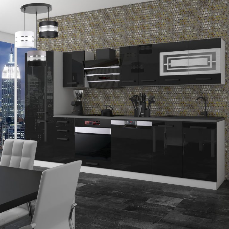 Meubles de cuisine Premium Version Complète 300 cm brillance noir sans plan de travail Fabricant INF CINDY/0/WT/B/0/B1
