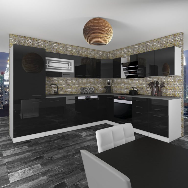 Meubles de cuisine Premium Version Complète 520 cm brillance noir sans plan de travail Fabricant INF JULIE/0/WT/B/0/B1
