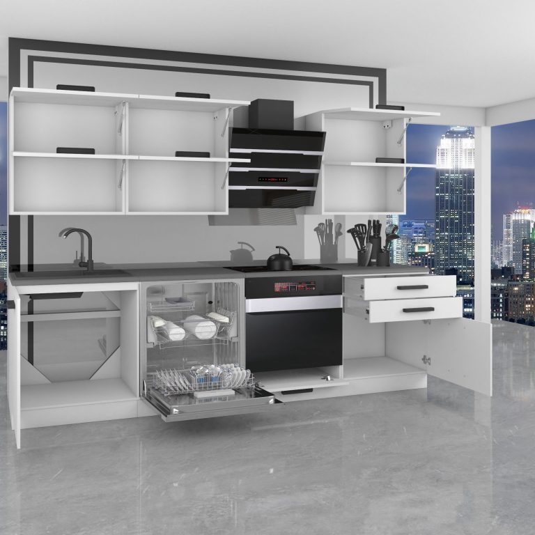 Meubles de cuisine Premium Version Complète 240 cm brillance blanc avec plan de travail Fabricant INF MADISON/0/WT/W/B/B1