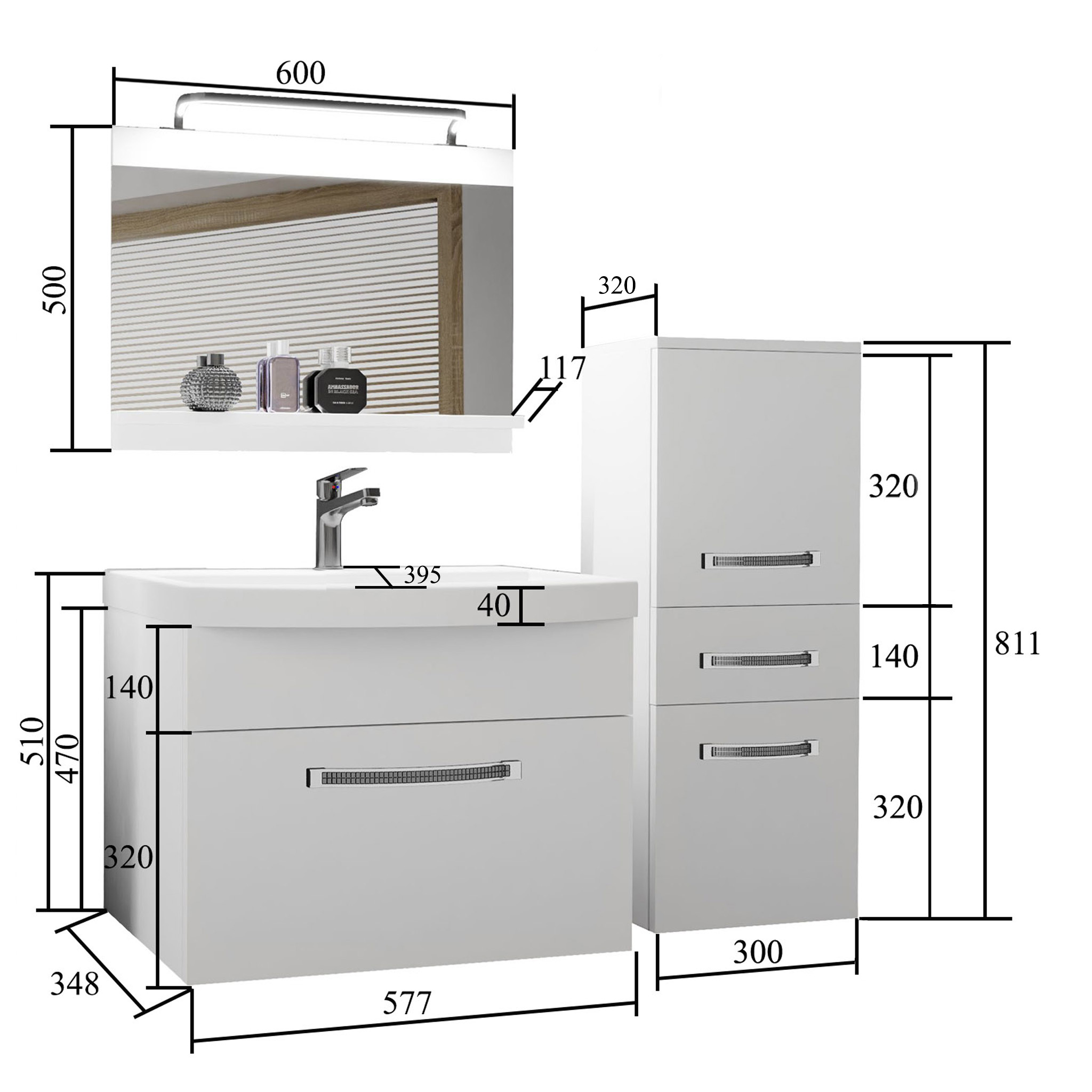 Ensemble de meubles de salle de bain Glamour 25 GLA P 2/0/W/B/0/MB/PP